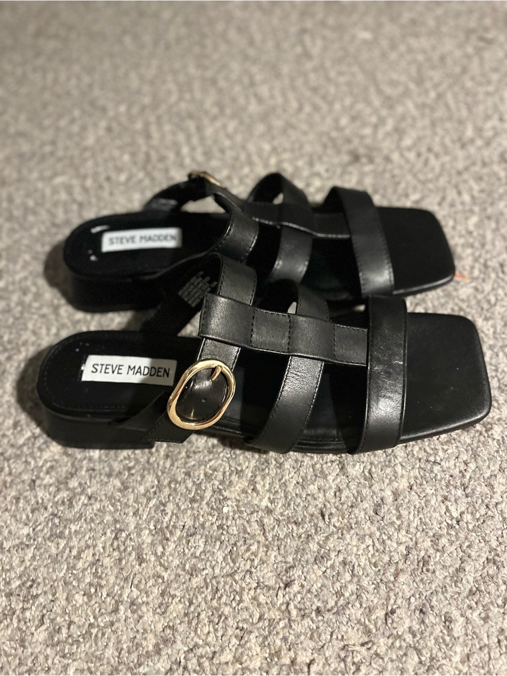 Steve Madden Black Leather Strappy Slide Sandals with Gold Buckle